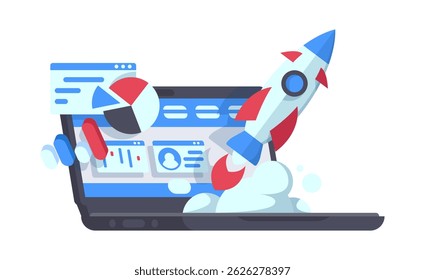 Successful start up, starting new business project. Starting launch, entrepreneurial concept. Rocketship on computer for startup media. Vector cartoon illustration