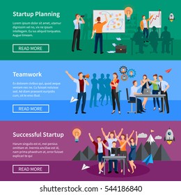 Successful startup 3 flat horizontal banners webpage design with innovative product planning and teamwork isolated vector  