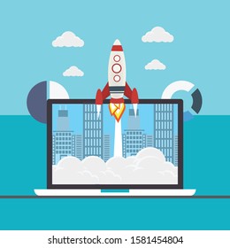 Successful startup business concept. Flat vector illustration with rocket launch and cloud, sun, city skyscrapers and laptop on the background.
