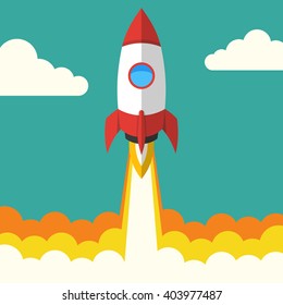 Successful startup business concept. Flat vector illustration with rocket launch. 