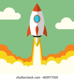 Successful startup business concept. Flat vector illustration with rocket launch. 