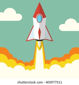 Successful startup business concept. Flat vector illustration with rocket launch. 