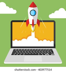 Successful startup business concept. Flat vector illustration with rocket launch and laptop on the background.