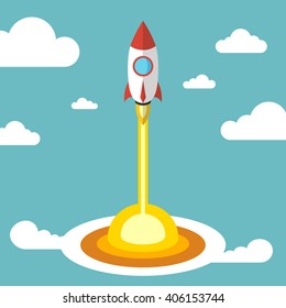 Successful startup business concept. Flat vector illustration with rocket launch. 