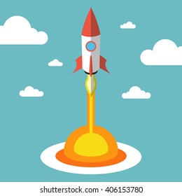 Successful startup business concept. Flat vector illustration with rocket launch. 