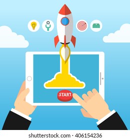 Successful startup business concept. Flat vector illustration with rocket launch and laptop on the background.