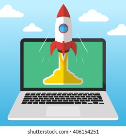 Successful startup business concept. Flat vector illustration with rocket launch and laptop on the background.