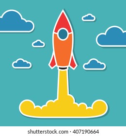Successful startup business concept. Flat vector illustration with rocket launch. 