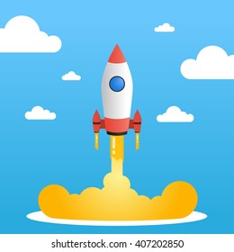 Successful startup business concept. Flat vector illustration with rocket launch. 