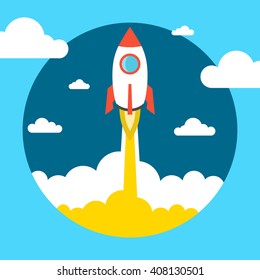 Successful startup business concept. Flat vector illustration with rocket launch. 