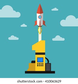 Successful startup business concept. Flat vector illustration with rocket launch. Number one, as the symbol of leader.