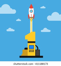 Successful startup business concept. Flat vector illustration with rocket launch. Number one, as the symbol of leader.