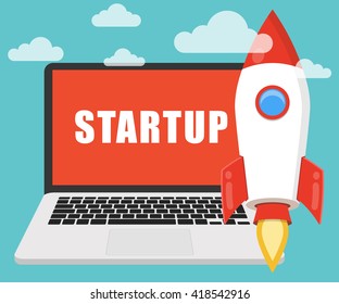 Successful startup business concept. Flat vector illustration with rocket launch and laptop on the background.