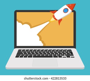 Successful startup business concept. Flat vector illustration with rocket launch and laptop on the background.