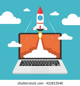Successful startup business concept. Flat vector illustration with rocket launch and laptop on the background.