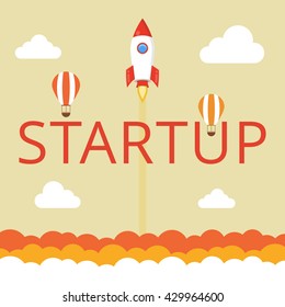 Successful startup business concept. Flat vector illustration with rocket launch. 