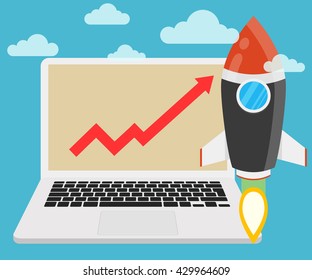 Successful startup business concept. Flat vector illustration with rocket launch and laptop on the background. Chart as a symbol of success.