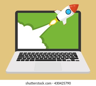 Successful startup business concept. Flat vector illustration with rocket launch and laptop on the background.