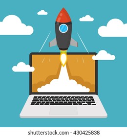 Successful startup business concept. Flat vector illustration with rocket launch and laptop on the background.
