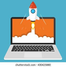 Successful startup business concept. Flat vector illustration with rocket launch and laptop on the background.