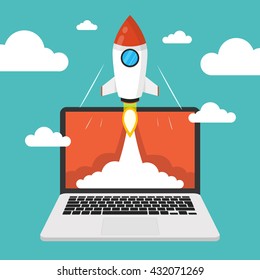 Successful startup business concept. Flat vector illustration with rocket launch and laptop on the background.