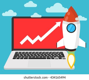 Successful startup business concept. Flat vector illustration with rocket launch and laptop on the background. Chart as a symbol of success.