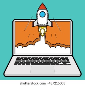 Successful startup business concept. Flat vector illustration with rocket launch and laptop on the background.