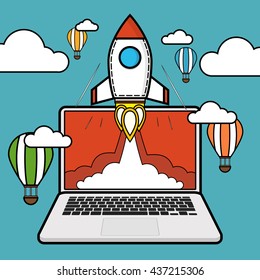 Successful startup business concept. Flat vector illustration with rocket launch and laptop on the background.