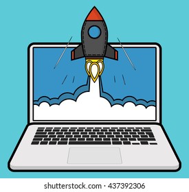Successful startup business concept. Flat vector illustration with rocket launch and laptop on the background.