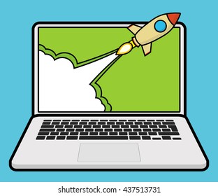 Successful startup business concept. Flat vector illustration with rocket launch and laptop on the background.