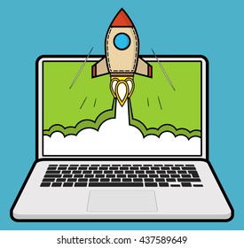 Successful startup business concept. Flat vector illustration with rocket launch and laptop on the background.