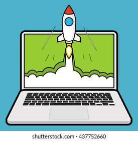 Successful startup business concept. Flat vector illustration with rocket launch and laptop on the background.