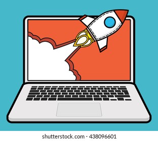 Successful startup business concept. Flat vector illustration with rocket launch and laptop on the background.
