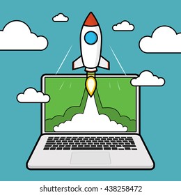 Successful startup business concept. Flat vector illustration with rocket launch and laptop on the background.