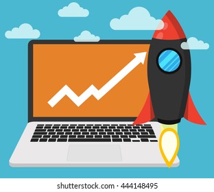 Successful startup business concept. Flat vector illustration with rocket launch and laptop on the background. Chart as a symbol of success.