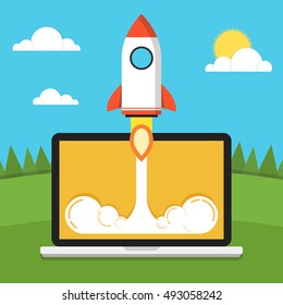 Successful startup business concept. Flat vector illustration with rocket launch and cloud, sun, land, trees and laptop on the background.