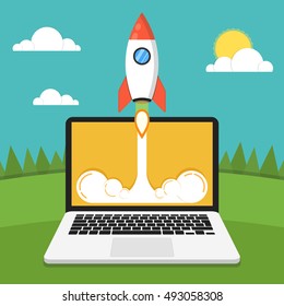 Successful startup business concept. Flat vector illustration with rocket launch and cloud, sun, land, trees and laptop on the background.