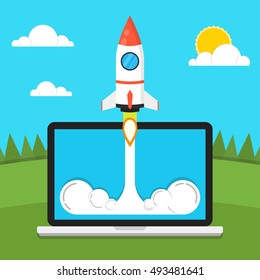 Successful startup business concept. Flat vector illustration with rocket launch and cloud, sun, land, trees and laptop on the background.