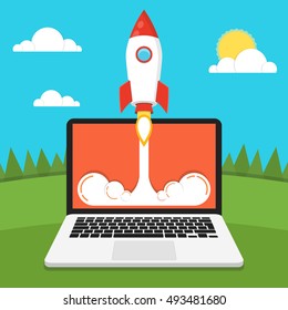 Successful startup business concept. Flat vector illustration with rocket launch and cloud, sun, land, trees and laptop on the background.