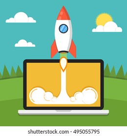 Successful startup business concept. Flat vector illustration with rocket launch and cloud, sun, land, trees and laptop on the background.