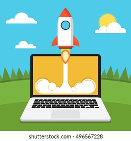 Successful startup business concept. Flat vector illustration with rocket launch and cloud, sun, land, trees and laptop on the background.