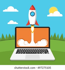 Successful startup business concept. Flat vector illustration with rocket launch and cloud, sun, land, trees and laptop on the background.