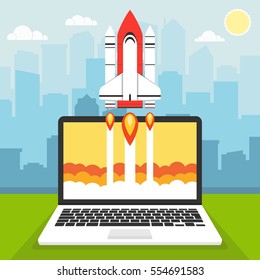 Successful startup business concept. Flat vector illustration with rocket launch and cloud, sun, city skyscrapers and laptop on the background.