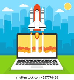Successful startup business concept. Flat vector illustration with rocket launch and cloud, sun, city skyscrapers and laptop on the background.