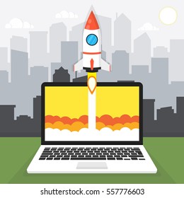 Successful startup business concept. Flat vector illustration with rocket launch and cloud, sun, city skyscrapers and laptop on the background.