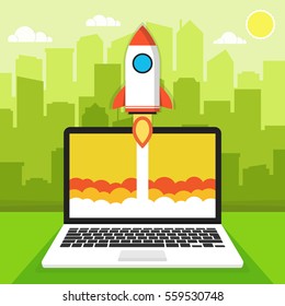 Successful startup business concept. Flat vector illustration with rocket launch and cloud, sun, city skyscrapers and laptop on the background.