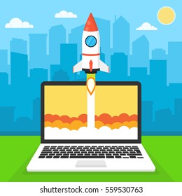 Successful startup business concept. Flat vector illustration with rocket launch and cloud, sun, city skyscrapers and laptop on the background.