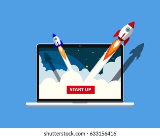 Successful startup business concept. Flat vector illustration with rocket launch from a laptop on blue background.