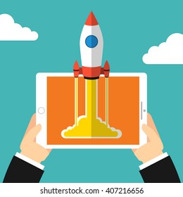 Successful startup business concept. Hands holding a tablet. Flat vector illustration with rocket launch.