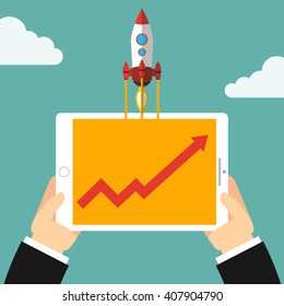 Successful startup business concept. Hands holding a tablet. Flat vector illustration with rocket launch.